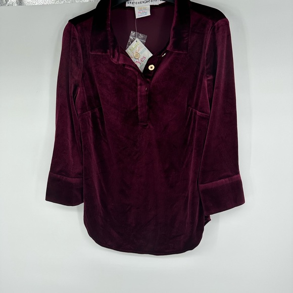 Gretchen Scott pop over top in burgundy posh velvet - gold button details SMALL - Picture 2 of 6